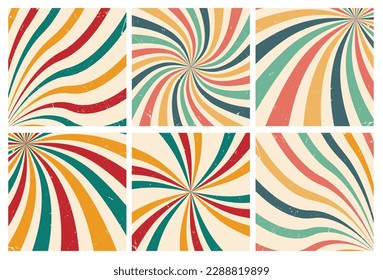 Set of colorful summer swirls with multicolored beams in a retro 70s style with a grunge texture. Flat style groovy vintage background set for carnival print,banners,invitations. Vector illustration