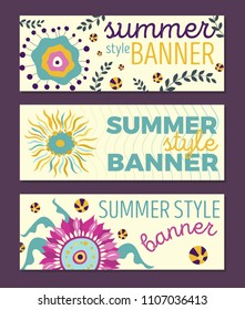 Set of colorful summer thendy vector banners with drawn decorative flowers and lettering. May be used for ads, cards or invitations. 