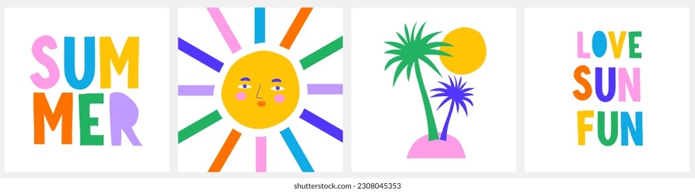 Set of Colorful Summer Time Vector Prints. Sun with Rainbow Colors Rays. Retro 90's Art Style Print with Palms. Handwritten Colorful "Love, Sun, Fun" and "Summer". Abstract Doodle Design for Poster. 