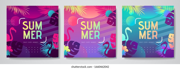 Set of colorful summer tropical gradient backgrounds with fluorescent tropic leaves. Summer disco party poster. Summertime template collection.