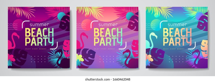 Set of colorful summer tropical gradient backgrounds with fluorescent tropic leaves. Summer disco beach party poster. Summertime template collection.
