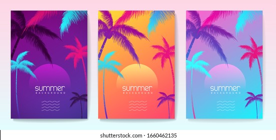 Set of colorful summer tropical gradient backgrounds with geometric elements. Summer disco party poster. Summertime template collection.