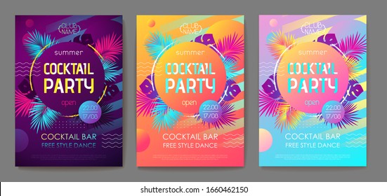 Set of colorful summer tropical gradient backgrounds with geometric elements. Summer disco cocktail party poster. Summertime template collection.