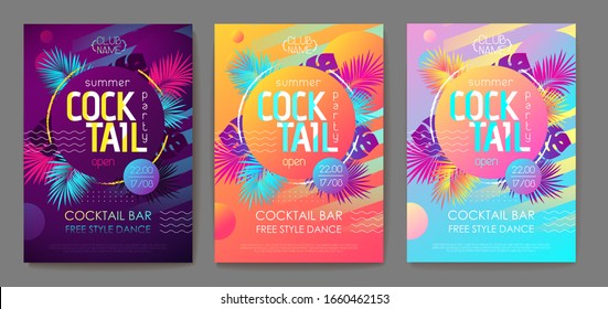 Set of colorful summer tropical gradient backgrounds with geometric elements. Summer disco cocktail party poster. Summertime template collection.