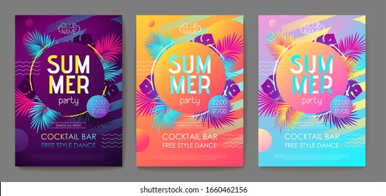 Set of colorful summer tropical gradient backgrounds with geometric elements. Summer disco party poster. Summertime template collection.