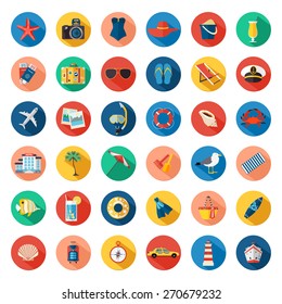 Set of colorful summer vacation, beach, seaside marine icons with long shadows. Flat style design. Vector illustration