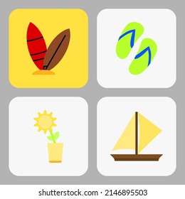 set of colorful summer vacation icons. sandals, boat, sunflower, surfboard