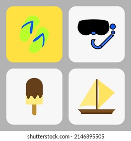 set of colorful summer vacation icons. sandals, boat, ice cream