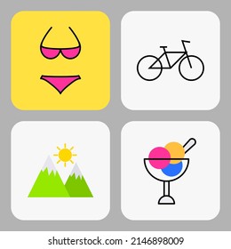 set of colorful summer vacation icons. bikini, ice cream, bicycle, mountains