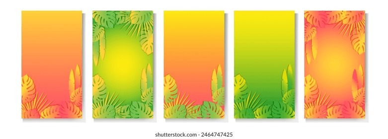 Set of colorful summer vertical banners with tropical plants. Vector illustratio