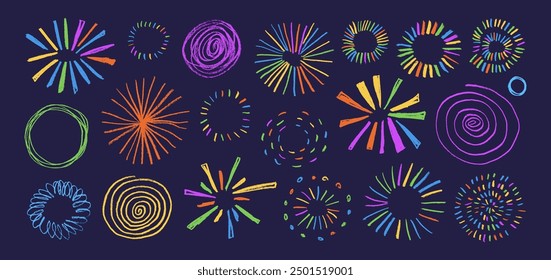 Set of colorful sun, sunburst shapes or doodle firework. Crayon drawing vector elements. Bursting rays line icon set. Pencil drawn spirals, swirls and doodle circles. Kid's style circular elements.