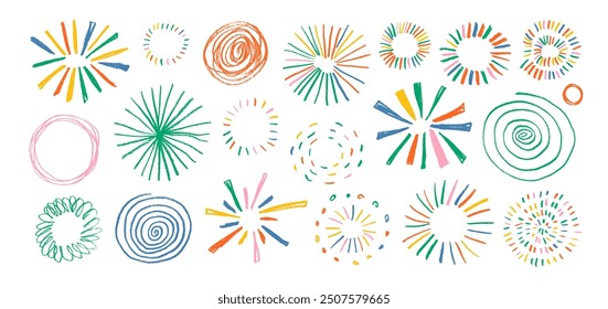 Set of colorful sun, sunburst shapes or doodle firework. Crayon drawing vector elements. Bursting rays line icon set. Pencil drawn spirals, swirls and doodle circles. Kid's style circular elements.