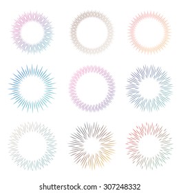 Set of colorful sunburst symbols vector illustration. Abstract simple elegant forms.