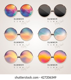 Set colorful sunglasses and abstract gradient mesh glass mirrors isolated light background and summer time  party time lettering typography