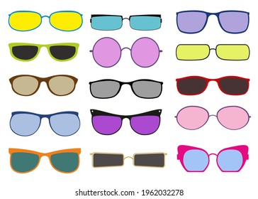 Set of colorful sunglasses icons. Fashionable accessories. Sunglasses in colorful rim set. Retro hipster trendy eyewear isolated on white. Vector for summer, vacation, holiday, fashion concept