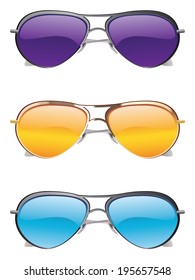 Set of colorful sunglasses on white background.