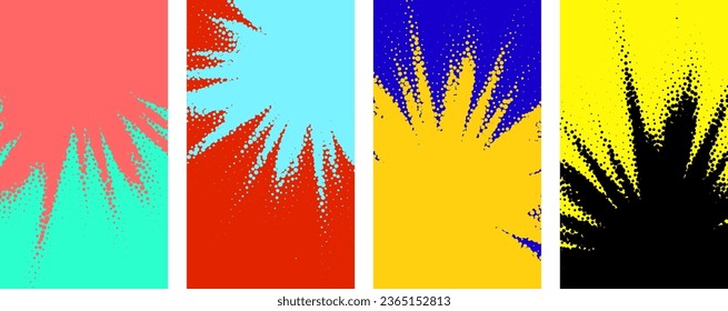 Set of colorful sunny rays gradient halftone dots backgrounds with space for text. Pop art template, texture. Vector illustration.
