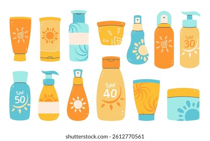 Set of colorful sunscreen bottles and lotions with SPF labels. Ideal for summer, beach, or skincare projects. Vector illustration