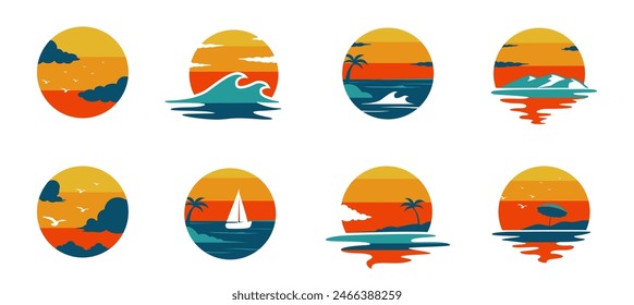 Set of Colorful Sunset Logotypes, Summertime Icons. 3D Illustration