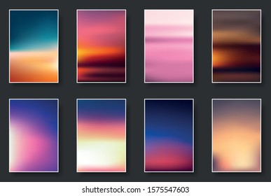 Set of colorful sunset and sunrise sea. Blurred modern gradient mesh background paper cards. Vector illustration.