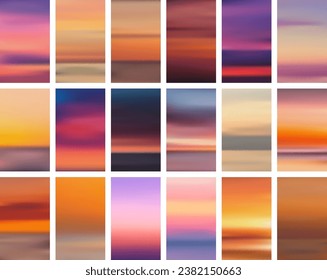 Set of colorful sunset and sunrise sea banners. Abstract blurred textured gradient mesh color backgrounds. Made for invitation, webpages, apps, party flyer, simple web design. Vector illustration.