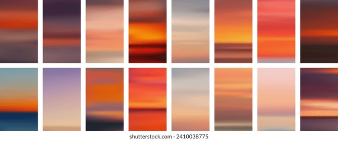 Set of colorful sunset and sunrise sea banners. Abstract blurred textured gradient mesh color backgrounds. Made for invitation, webpages, apps, party flyer, simple web design. Vector illustration.