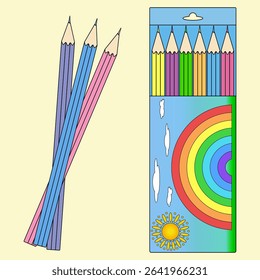 Set of colorful supplies of pencils with packaging of rainbow drawing and individual pencils on yellow background. For back to school theme, education visual, educational concept, and classroom decor.