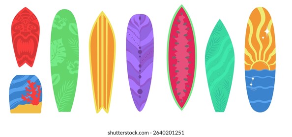  Set of colorful surfboards with unique patterns and shapes.   Hand drawn flat illustrations perfect for beach themed designs, summer projects, apparel prints, and tropical lifestyle branding