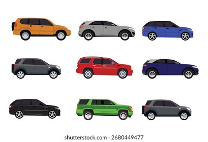 Set of colorful SUVs with different models flat vector illustration