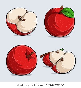 Set of colorful sweet apples, whole and sliced apple fruit