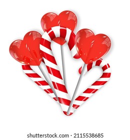 A set of colorful sweet candy cane , heart on a stick . Candy on a stick. Vector illustration.