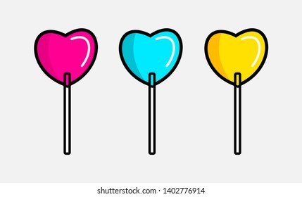 Set of colorful sweet cartoon heart lollipops. Vector illustration.