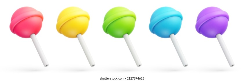 Set of colorful sweet cute lollipops. Round multicolored candies on stick in cartoon style. Candy icon set. 3d vector illustration