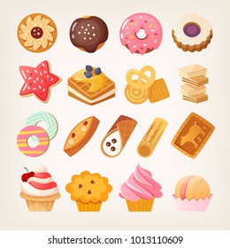 Set of colorful sweet desserts, cookies and other pastry. Isolated vector illustrations.