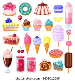 set of colorful sweet food. Donut, ice cream, muffins, smoothies, macaroons and candies with pink, chocolate, blue mint, lemon and blueberry topping.Vector illustration