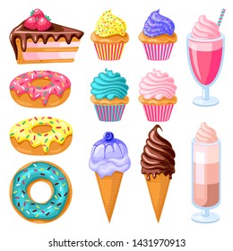 set of colorful sweet food. Donut, ice cream, muffins, smoothies  with pink, chocolate, blue mint, lemon and blueberry topping.Vector illustration