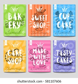 Set colorful sweet labels. Bakery, sweet shop, cupcake, cake shop, tasty, yummy, made with love, heart, best choice. Retro background. Sketch style, posters, hand drawn vector.