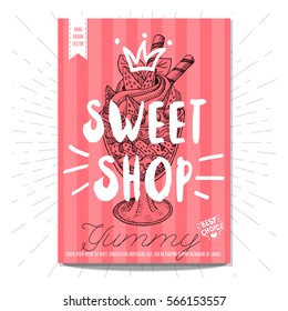 Set colorful sweet labels. Sweet shop, yummy, dessert, crown, heart, best choice. Retro background. Sketch style, posters, hand drawn vector.