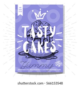 Set colorful sweet labels. Tasty cakes, sweet, yummy, dessert, crown, heart, best choice. Retro background. Sketch style, posters, hand drawn vector.