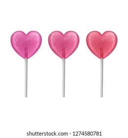 Set colorful sweet lollipops. candies of shape of hearts on stick. Vector illustration.