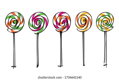 Set of colorful sweet lollipops hand-drawn sketch on white background