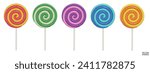 Set of colorful sweet lollipops isolated on white background. 3d realistic, swirl, colored sugar candies on stick. 3D Vector illustration.