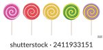 Set of colorful sweet lollipops isolated on white background. 3d realistic, swirl, colored sugar candies on stick. 3D Vector illustration.