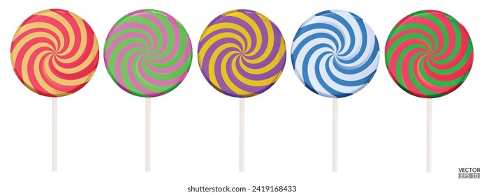 Set of colorful sweet lollipops isolated on white background. 3d realistic, swirl, colored sugar candies on stick. 3D Vector illustration.