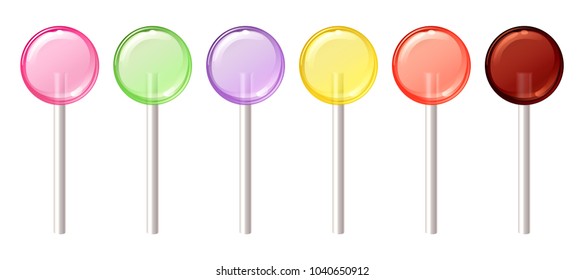 Set colorful sweet lollipops. Round candies on stick. Vector illustration.