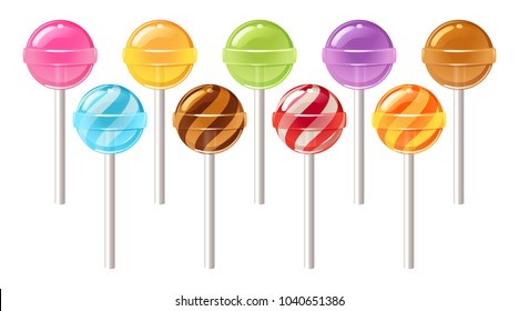 Set colorful sweet lollipops. Round candies on stick. Vector illustration.