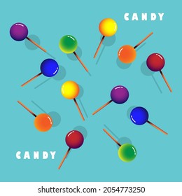 Set colorful sweet lollipops in various different color and flavor  isolated on mint blue pastel background. Round candies on stick. Vector illustration.