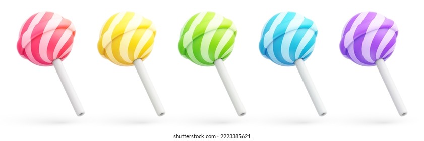 Set of colorful sweet striped cute lollipops isolated on white background. Multicolored round candies on stick in cartoon style. Candy icon set. 3d vector illustration