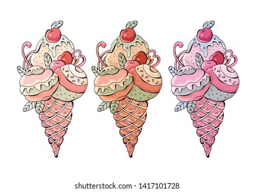 Set of colorful sweet, сute  and tasty isolated ice cream. Vector.