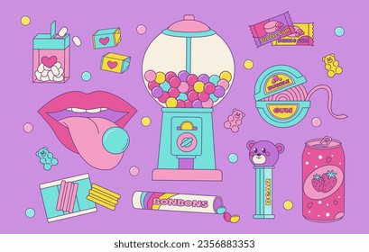 Set of colorful sweets, bubble gum from the 80s 90s, retro style, nostalgic elements. Vector illustration in vintage style